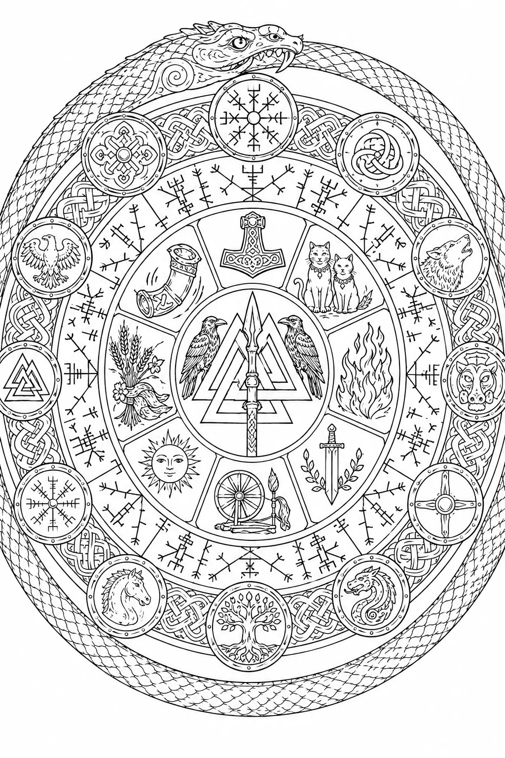 Coloring page: circular Asgard mandala with Nordic god symbols and Viking knotwork