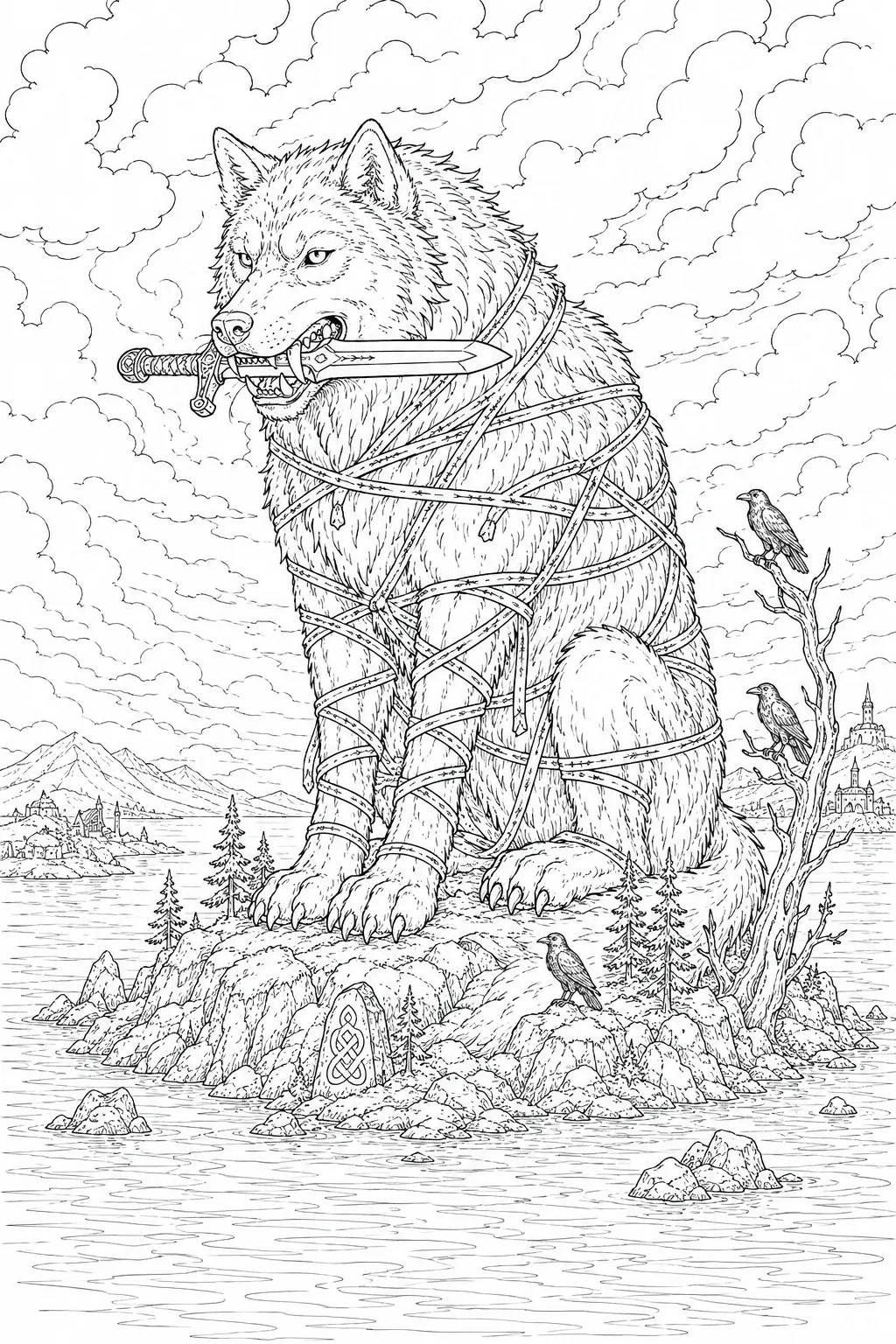 Ausmalbild: Riesenwolf Fenrir sitzt gefesselt durch das magische Band Gleipnir auf seiner Insel