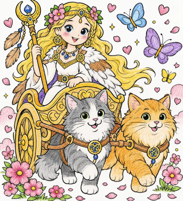 芙蕾雅乘坐由两只大猫拉着的战车 – 涂色效果预览