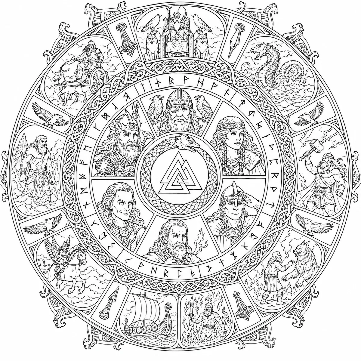 Coloring page: circular Nordic mandala with Thor, Odin, Freya and rune symbols