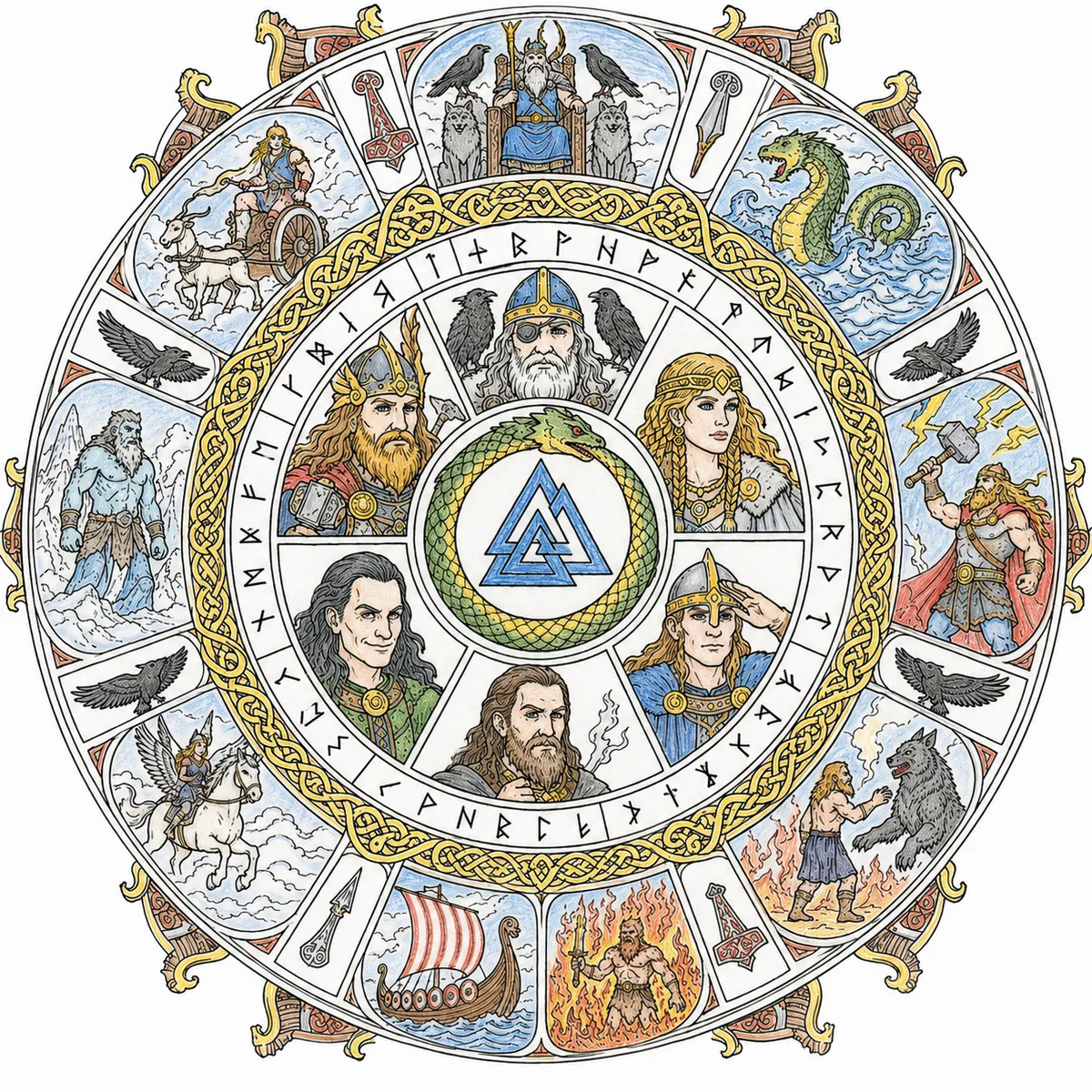 Nordic Gods Mandala with Thor, Odin and Freya at the Centre
