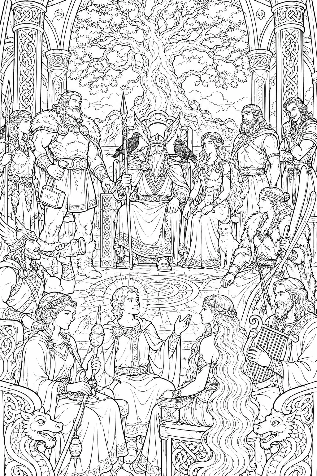 Ausmalbild: Alle nordischen Götter versammeln sich in der Halle Gladsheim unter Yggdrasil