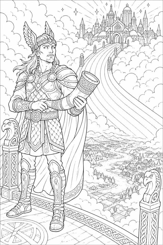 Heimdall bewacht die Regenbogenbrücke Bifröst am Ende der Welt