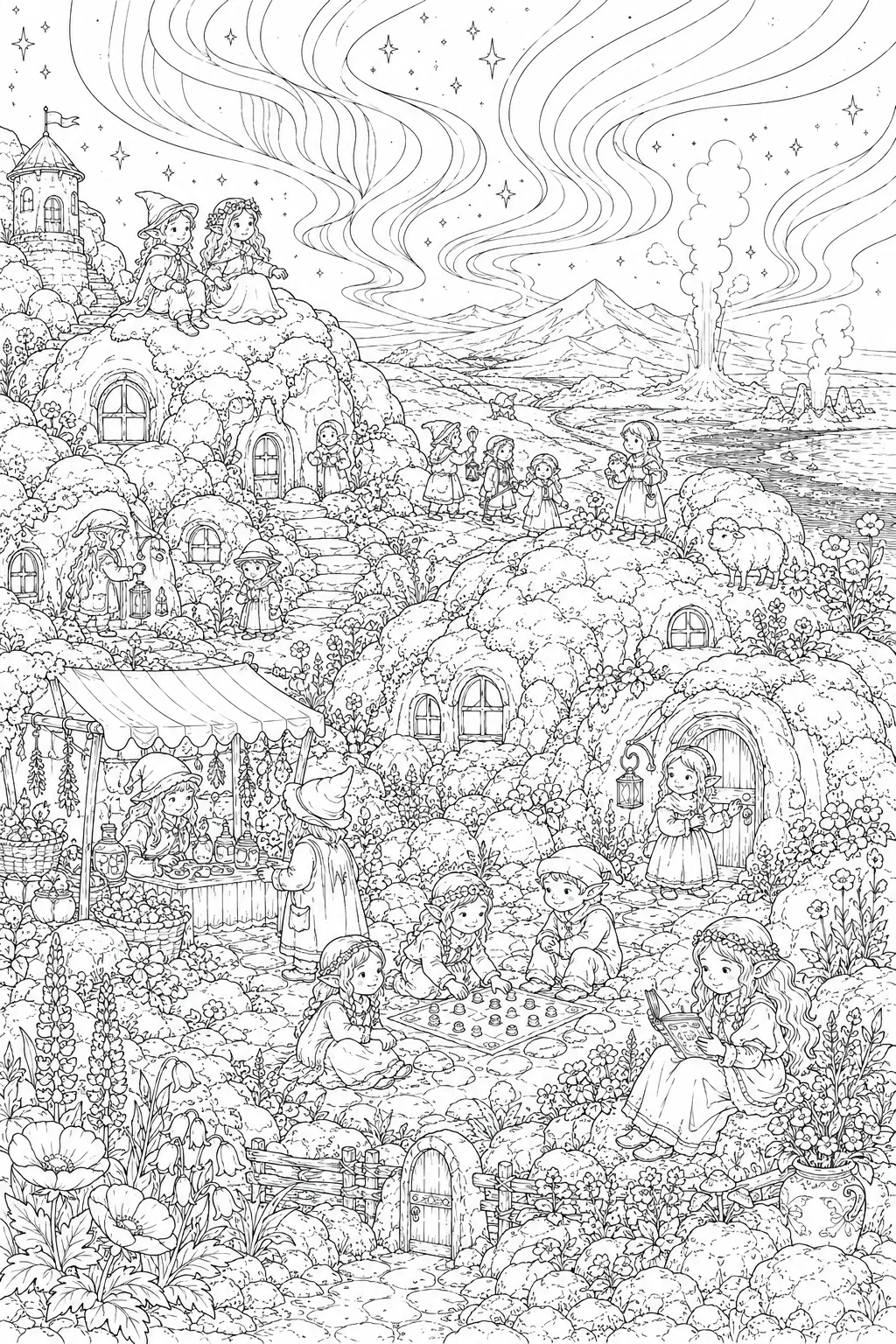 Ausmalbild: Mystisches Huldufólk-Dorf in alten Lavasteinen Islands bei Nordlicht