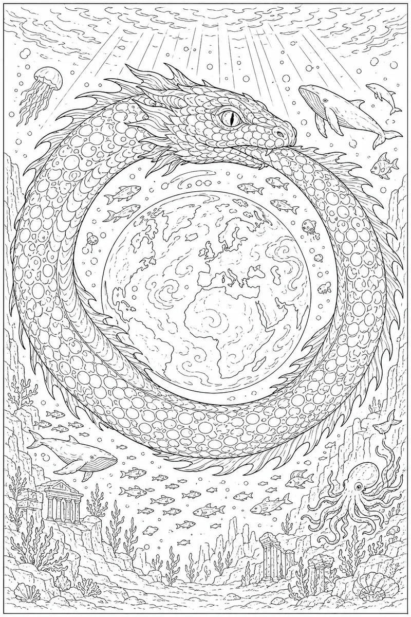 Ausmalbild: Weltschlange Jörmungandr rollt sich um den Ozean und beißt ihren Schwanz