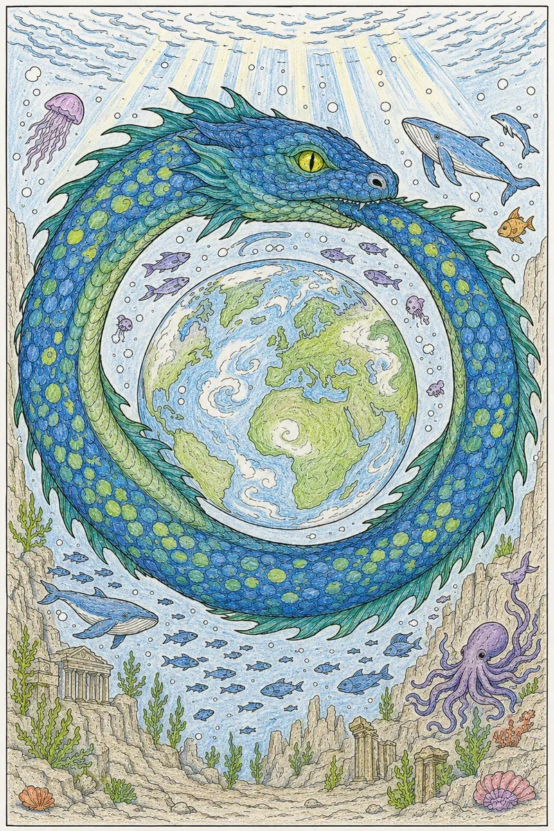 Jörmungandr, die Weltschlange, ruht tief im Ozean und umschlingt die Welt