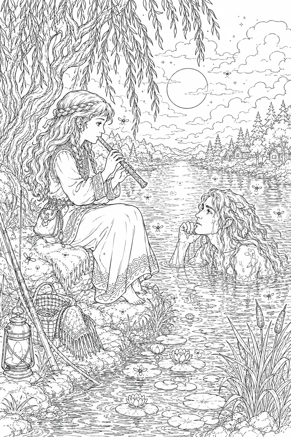 涂色页：水灵诺克聆听在河边吹笛的渔家女