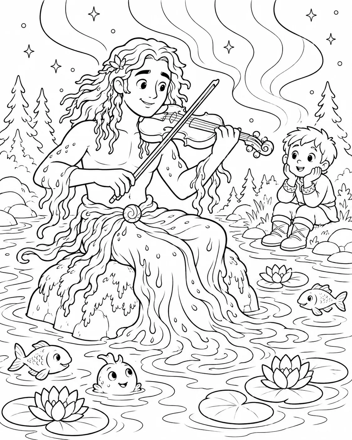 涂色页：水灵诺克坐在河中的岩石上拉小提琴