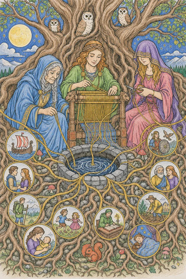 Ausmalbild: Die drei Nornen spinnen goldene Schicksalsfäden am Weltenbaum Yggdrasil
