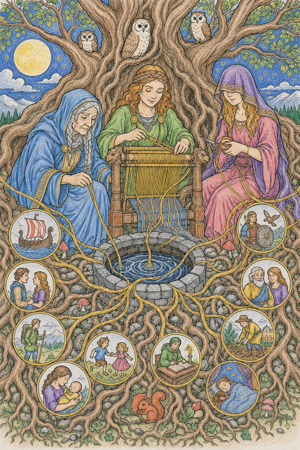 The Three Norns Spinning the Fate of All Beings at the World Tree