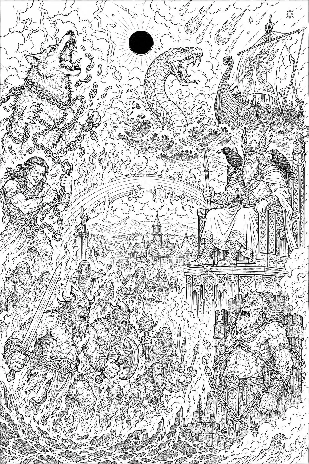涂色页：血红天空下有芬里尔、世界巨蛇和火巨人的诸神黄昏