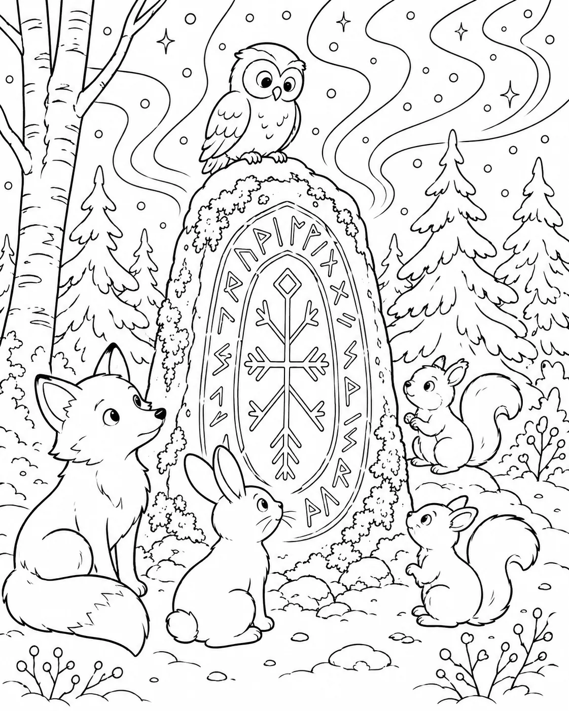 涂色页：雪地中发光的卢恩石，旁边有森林狐狸、兔子和猫头鹰