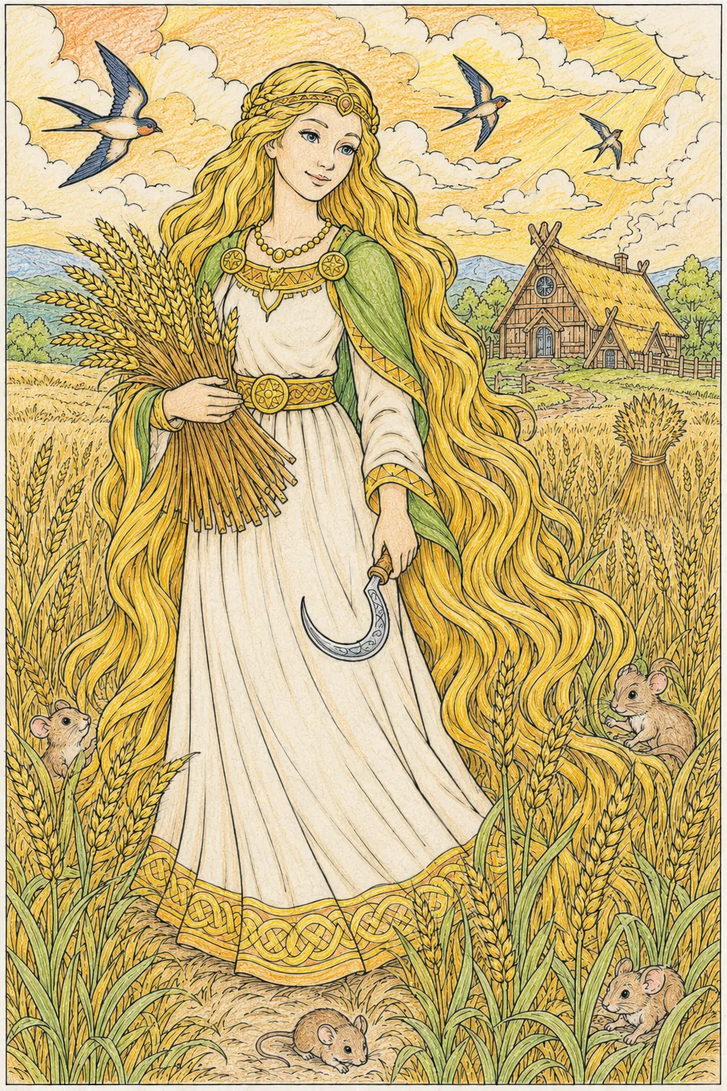 Sif mit ihrem goldenen Haar steht im Weizenfeld als Göttin der Ernte