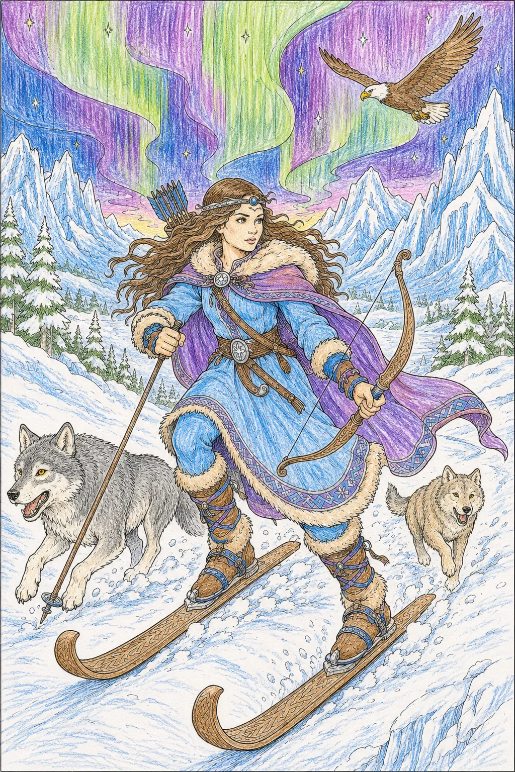 斯卡迪——冰雪山中滑雪的狩猎女巨人神