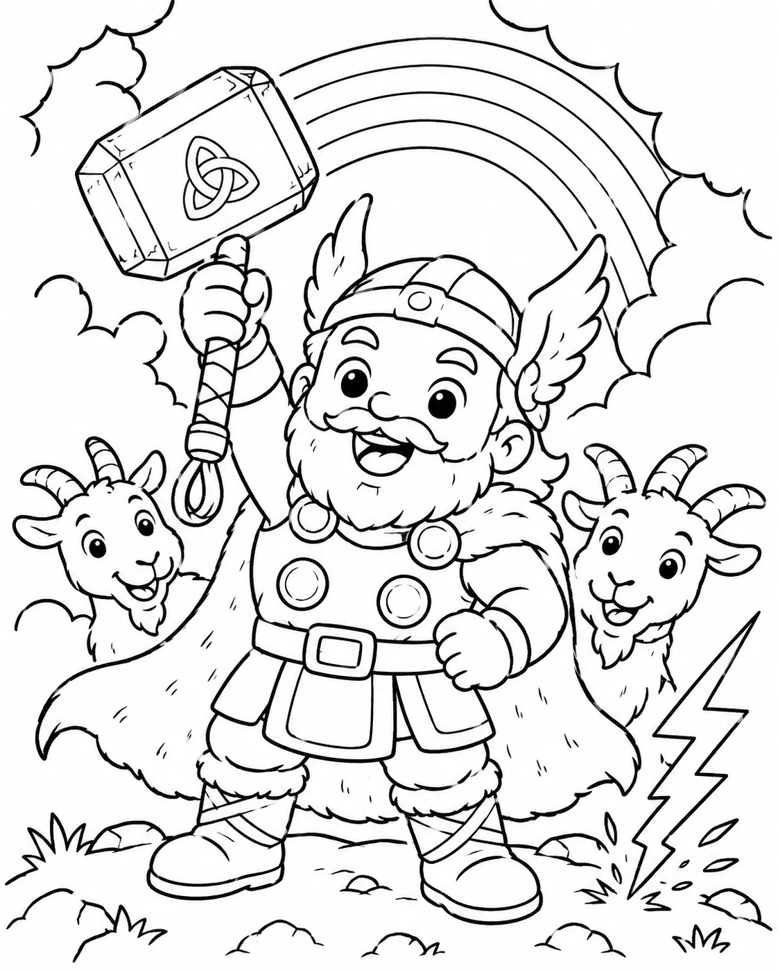 Ausmalbild: Kindversion Thor mit Hammer Mjölnir und einem Blitz