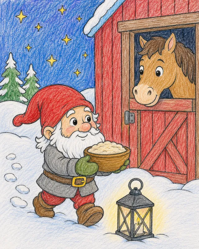 涂色页：小托姆特穿越冬雪提着一碗粥去谷仓