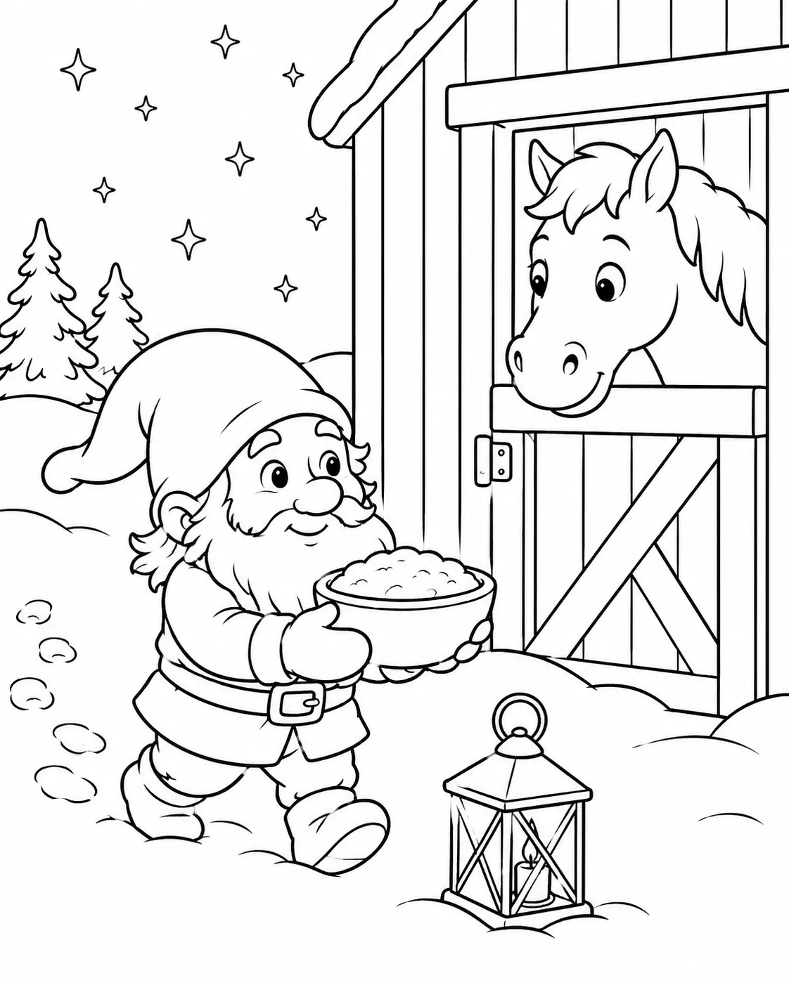 Ausmalbild: Kleiner Tomte trägt eine Schüssel Porridge durch den Winter-Schnee zur Scheune