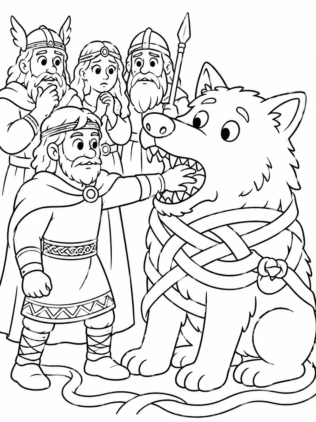 Ausmalbild: Gott Tyr steckt seinen Arm in den Mund des Wolfes Fenrir