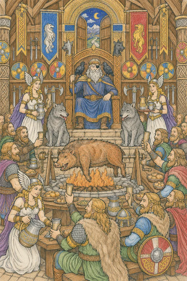 Ausmalbild: Wikinger-Krieger feiern das Festmahl in der prachtvollen Halle Valhalla