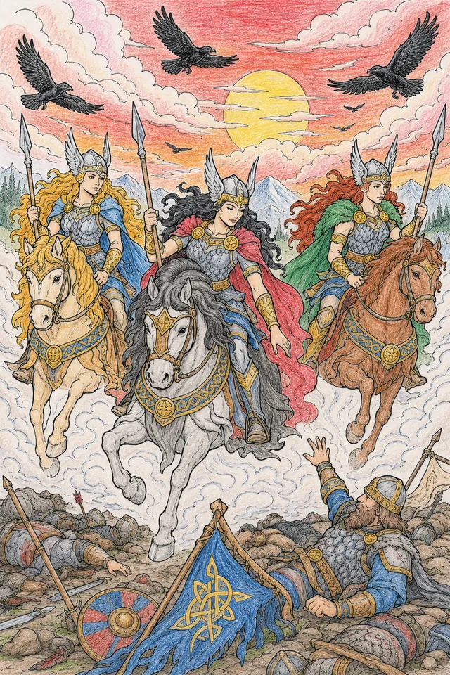 骑马的女武神在战场上挑选勇敢的战士 – 涂色效果预览