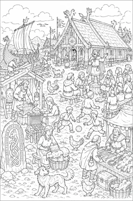 Busy Viking Village: Blacksmith, Market, Fishing Boats and Children