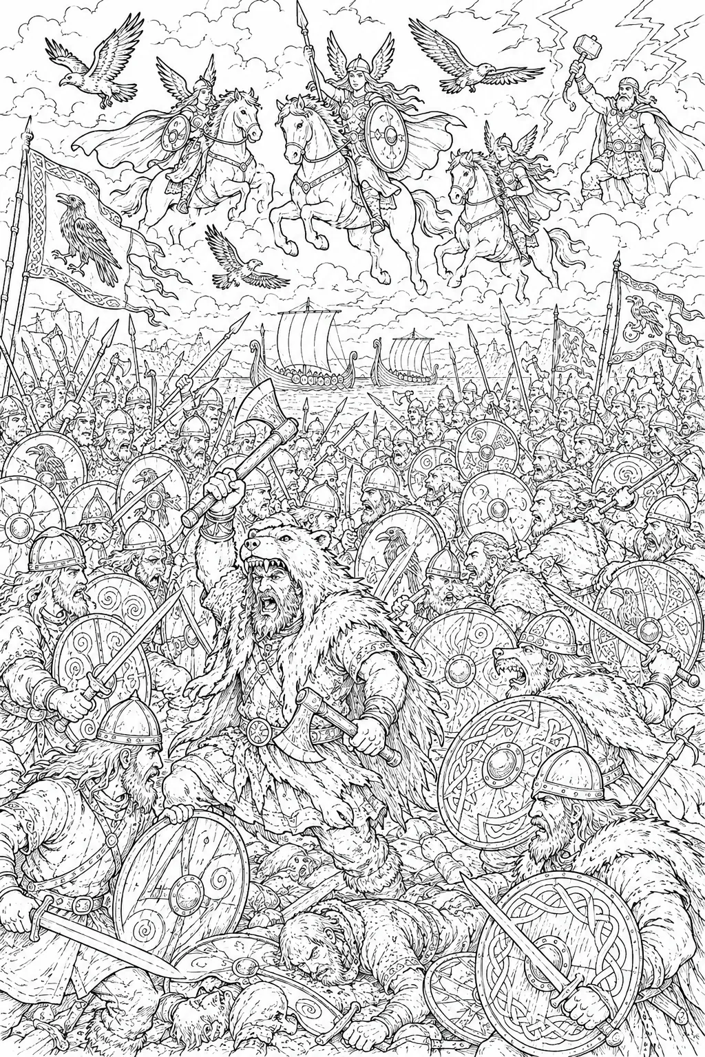Ausmalbild: Episches Wikinger-Schlachtfeld mit Schildwänden, Walküren und Drachenschiffen