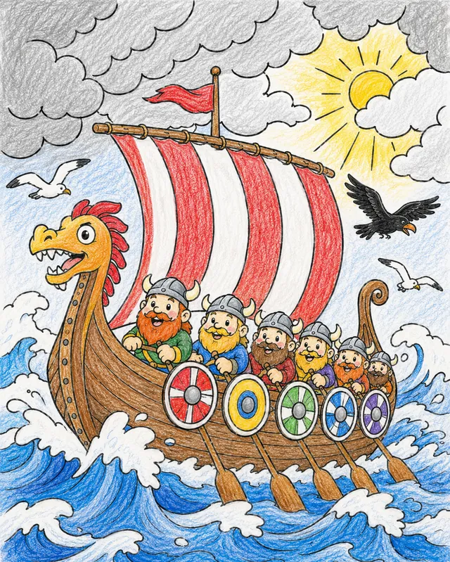 Ausmalbild: Bunte Wikingerlangboot mit Drachenkopf auf stürmischer See