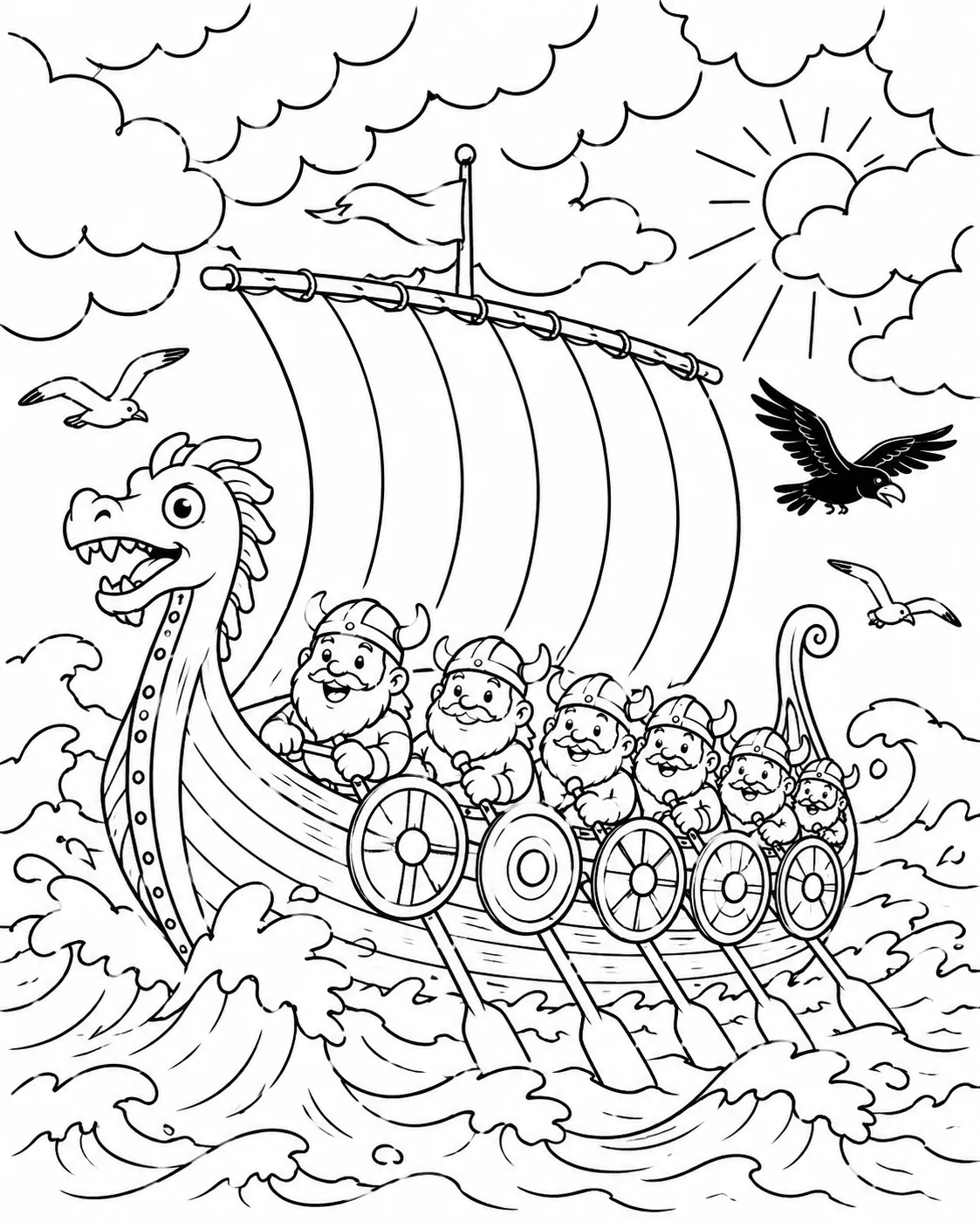 涂色页：波涛汹涌大海上带龙头的彩色维京长船