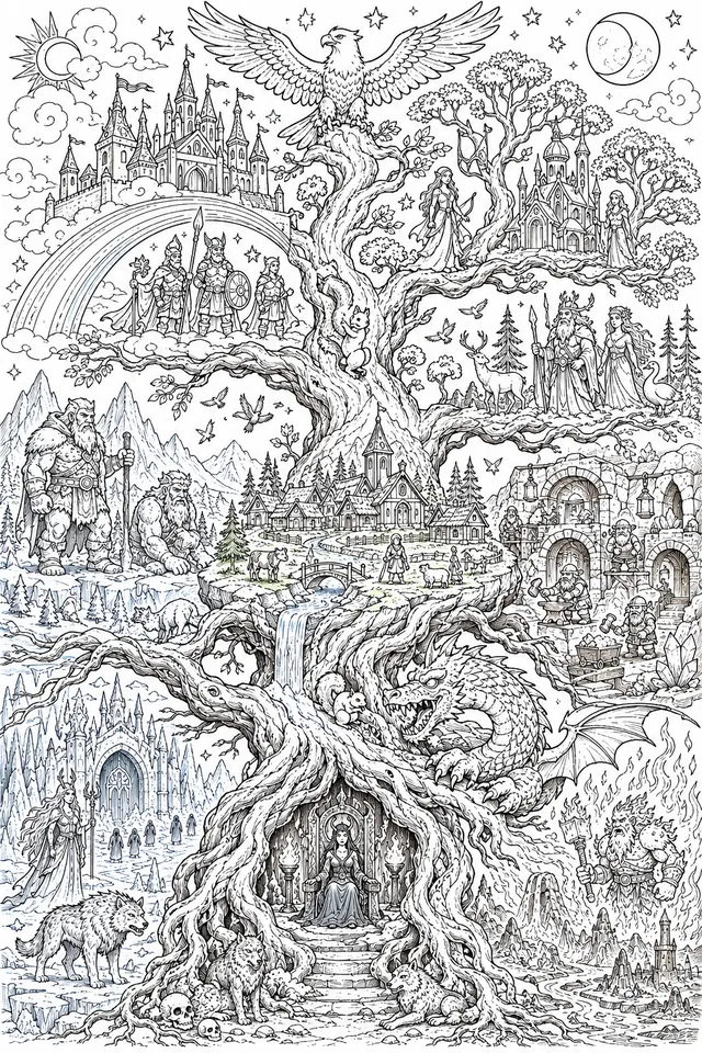 Yggdrasil – The World Tree with All Nine Worlds in Detail
