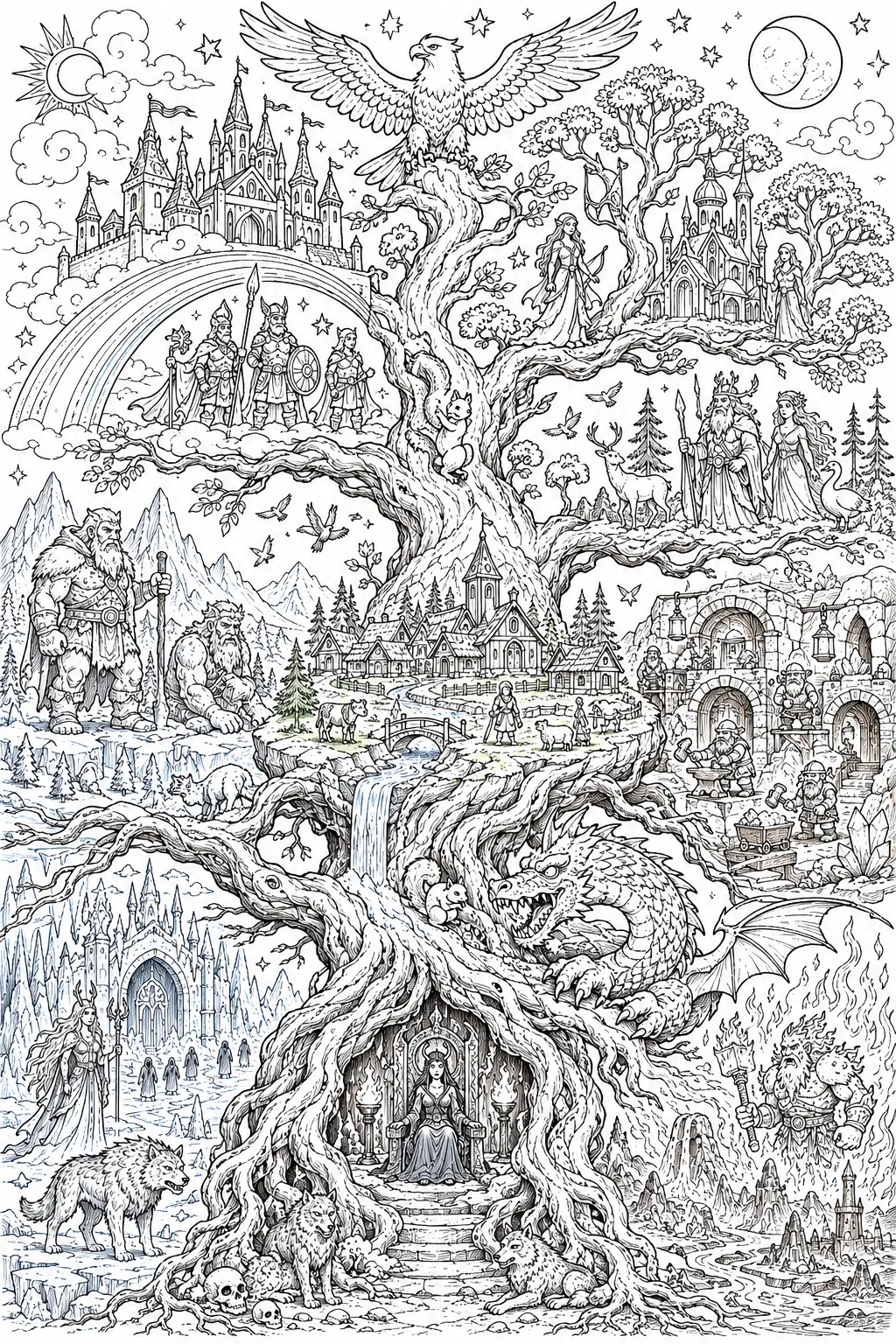 Ausmalbild: Yggdrasil Weltenbaum mit allen neun nórdischen Welten und ihren Bewohnern