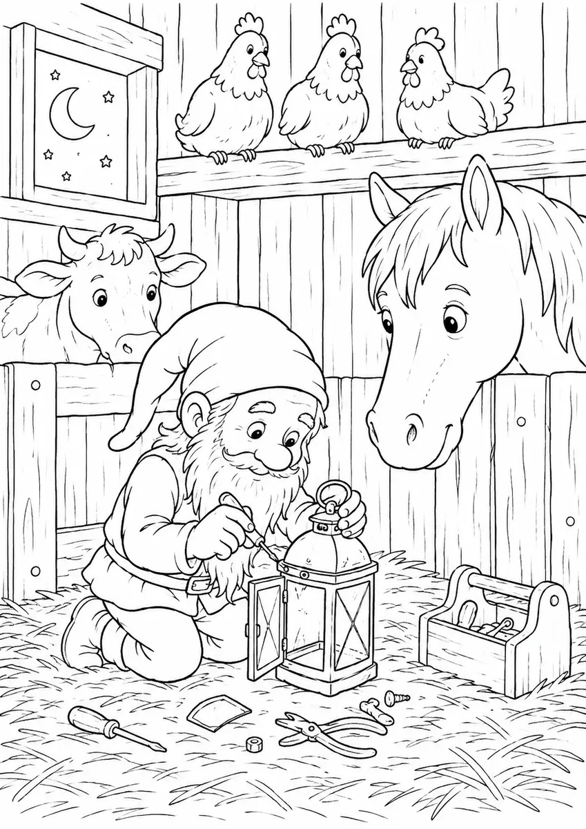 北欧尼斯在马厩里修灯笼的涂色画