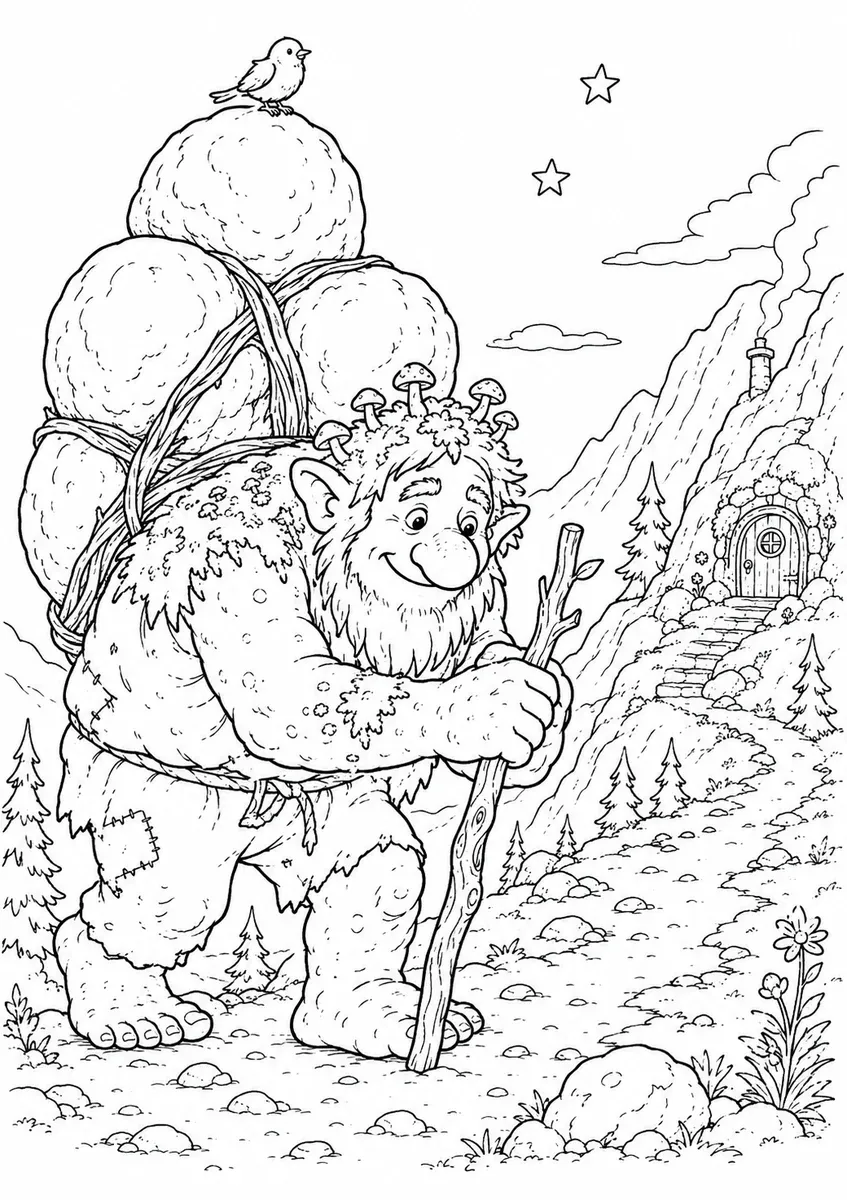 Ausmalbild eines nordischen Bergtrolls, der Felsen auf dem Rücken trägt