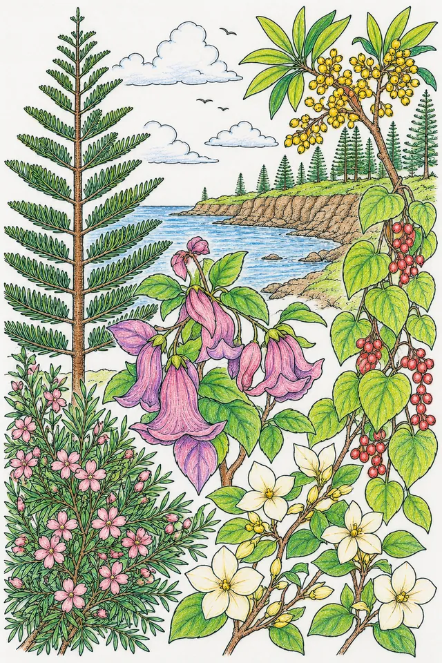 Norfolk Island: Araucaria symmetrical conical / Lagunaria pink hibiscus / Meryta leathery / Ungeria white star / Streblus drooping catkin