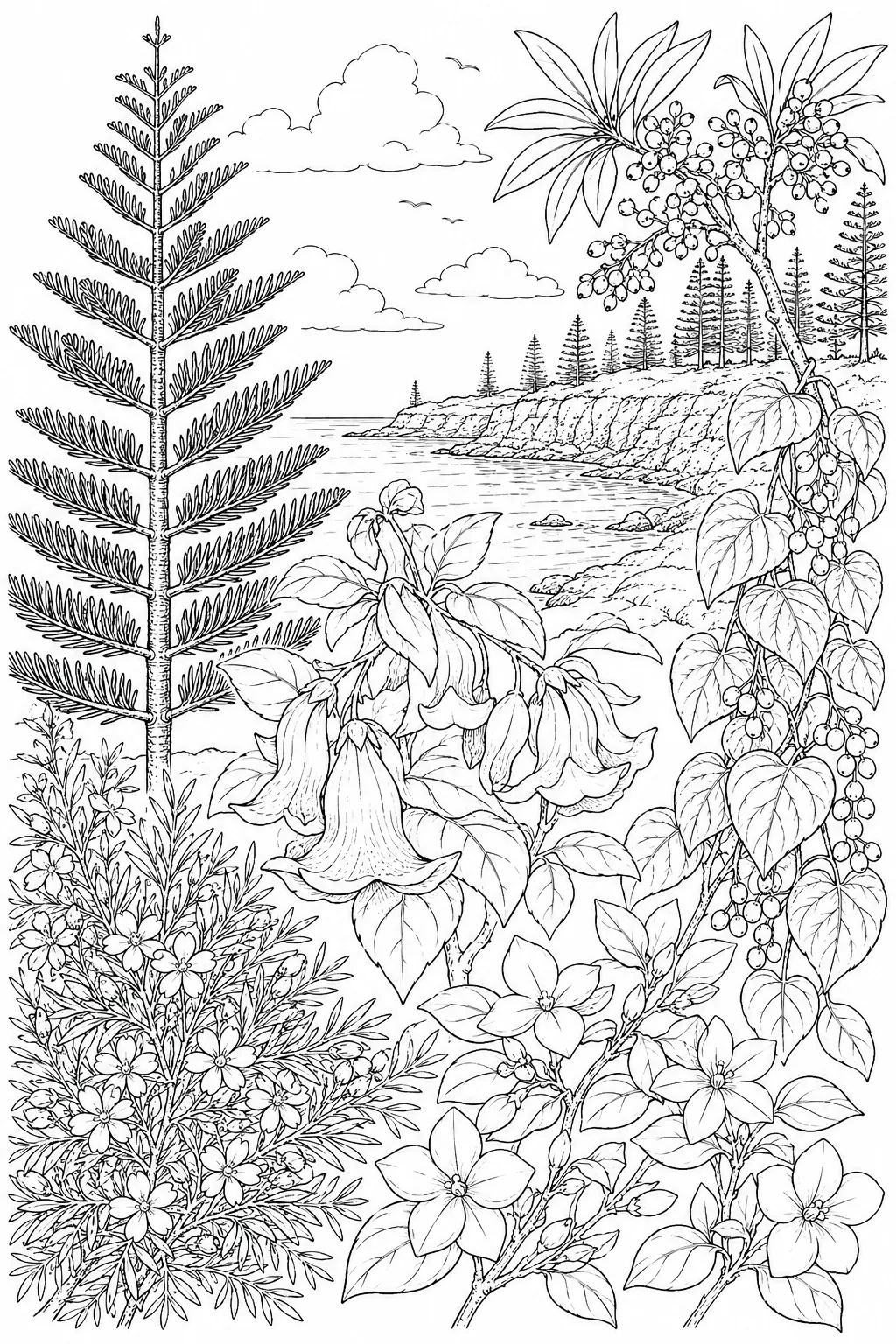 Norfolk Island: Araucaria symmetrical conical / Lagunaria pink hibiscus / Meryta leathery / Ungeria white star / Streblus drooping catkin