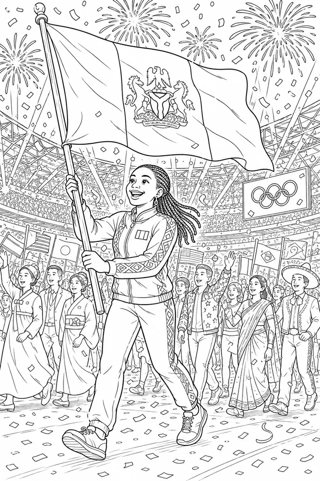 Athletin trägt die Nationalfahne stolz beim Olympia-Abschlussmarsch der Nationen