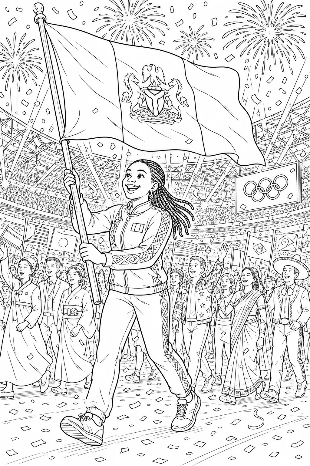 Athlete marching proudly with national flag at Olympic closing ceremony with fireworks