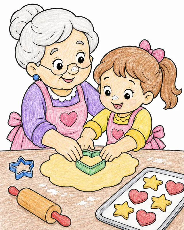 Oma und Enkelin mit Schürzen stechen lächelnd Kekse aus Teig aus