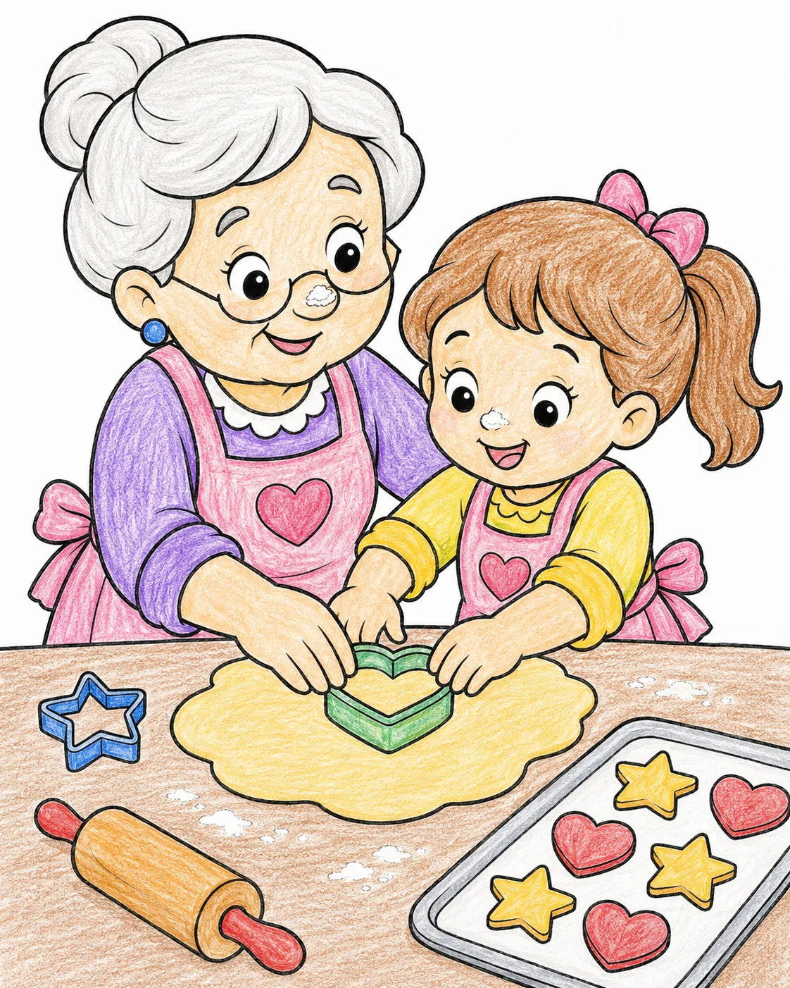 Oma und Enkelin backen gemeinsam bunte Kekse in der Küche