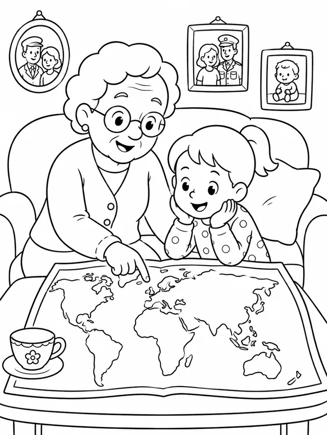 Oma zeigt ihrer Enkelin auf einer bunten Weltkarte wo sie als Kind aufwuchs