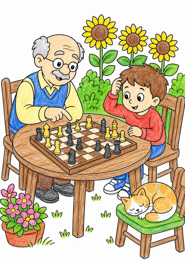 Opa zeigt lächelnd Enkel einen Schachzug am Gartentisch mit Sonnenblumen