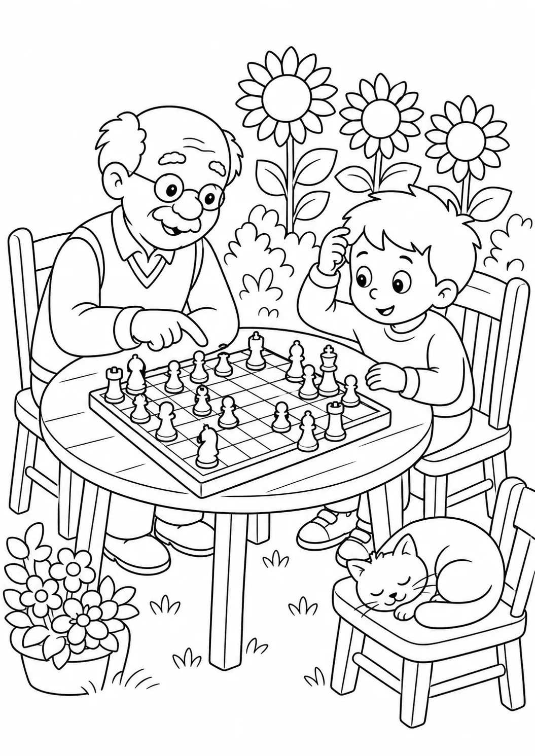 爷爷在有向日葵的花园桌旁微笑着向孙子展示一个国际象棋走法