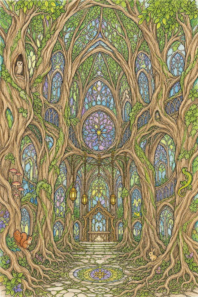 Ausmalseite einer Kathedrale die aus lebenden Baumwurzeln und Ästen natürlich gewachsen ist