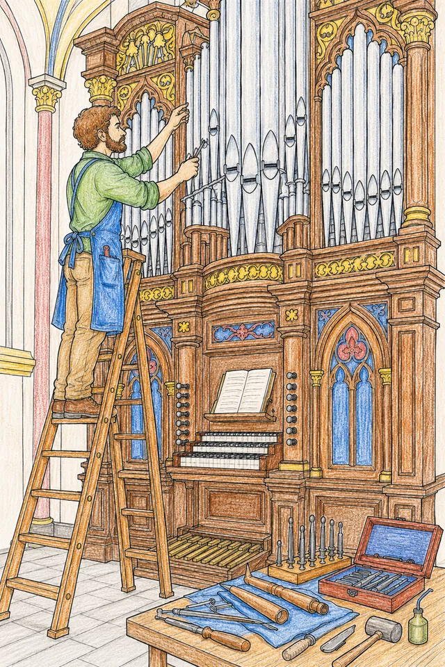Ausmalvorlage: Orgelbauer justiert Pfeifen einer Kirchenorgel auf Leiter