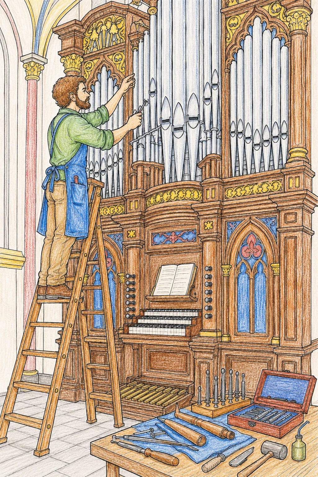 Orgelbauer stimmt eine Kirchenorgel