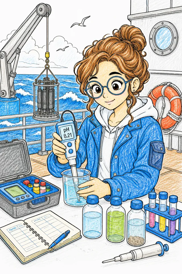 涂色模板：海洋化学家在船甲板上测量海水样本pH值