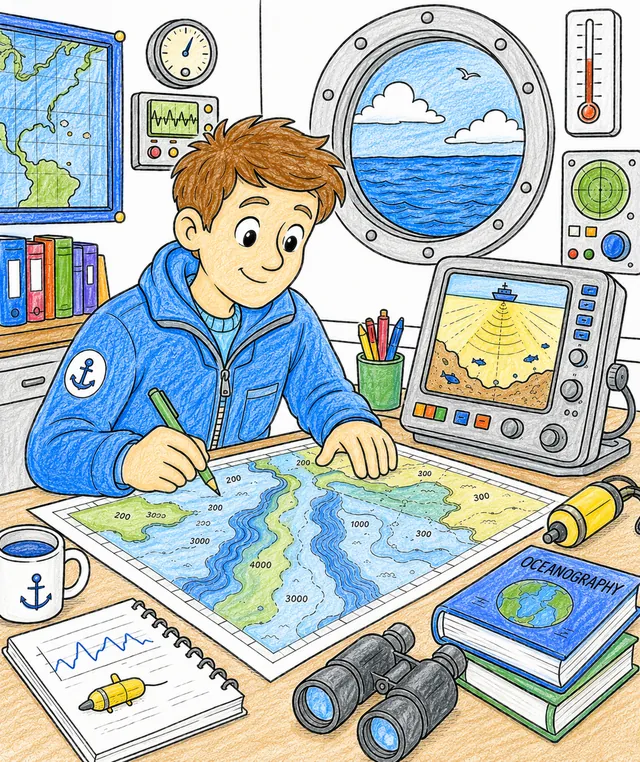 海洋学家与声纳设备和海洋深度图 – 涂色效果预览