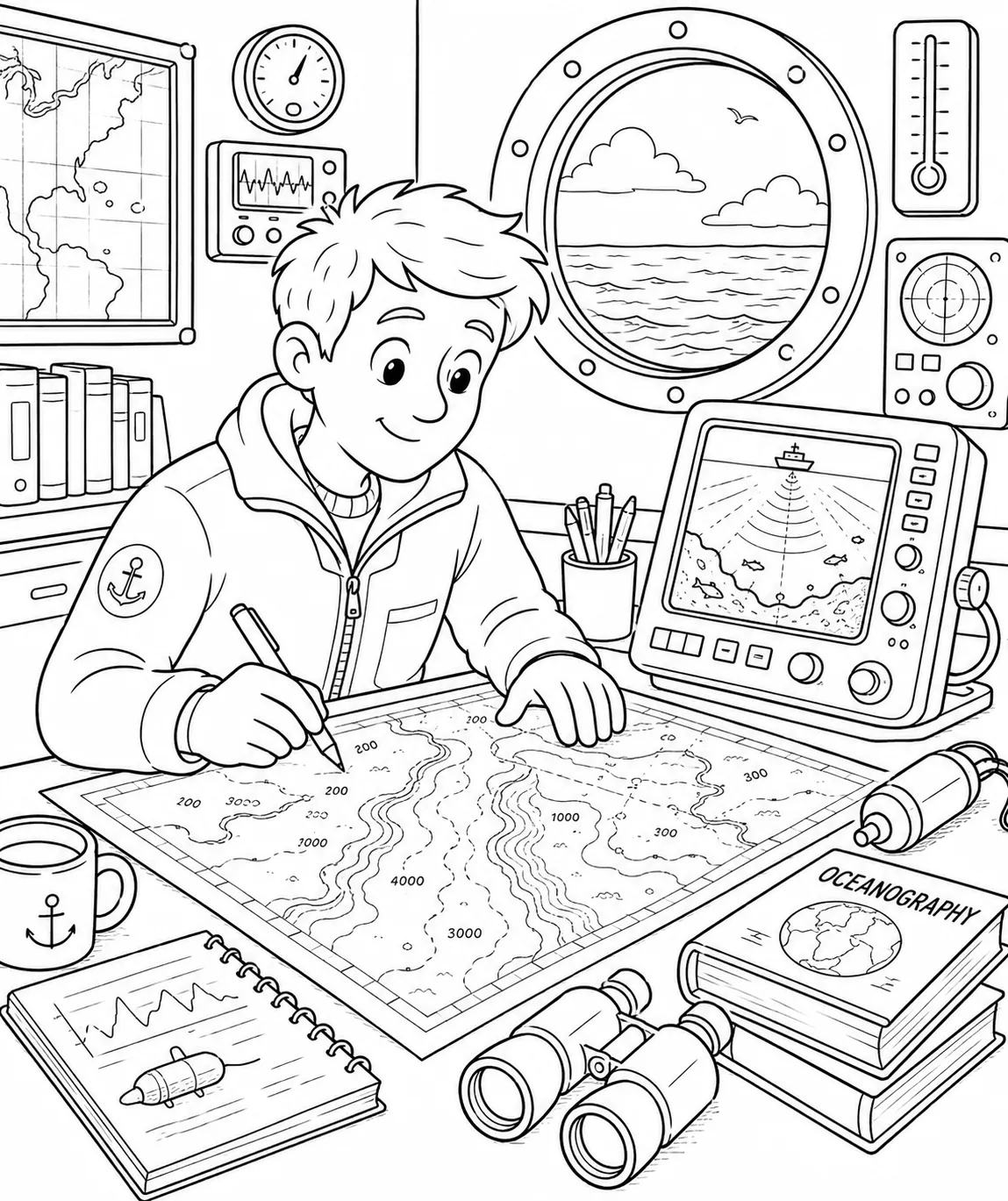 涂色页：海洋学家在研究船上研究海洋深度图，声纳设备旁，透过舷窗可见大海