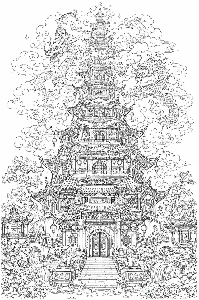 Chinesischer Pagodentum der in den Wolken verschwindet