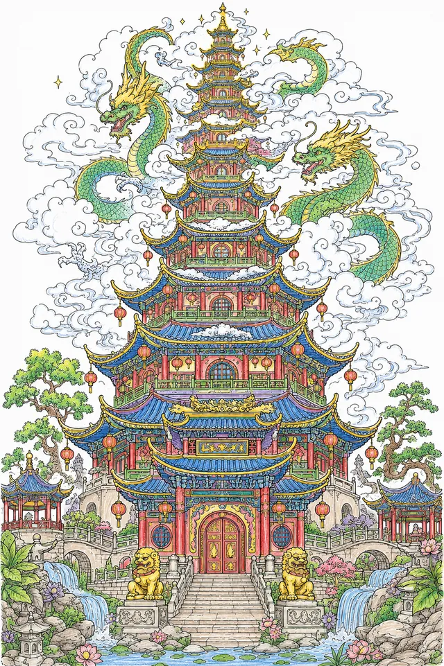 Ausmalvorlage: Mehrstöckige chinesische Pagode mit Drachen die sich in Wolken auflöst