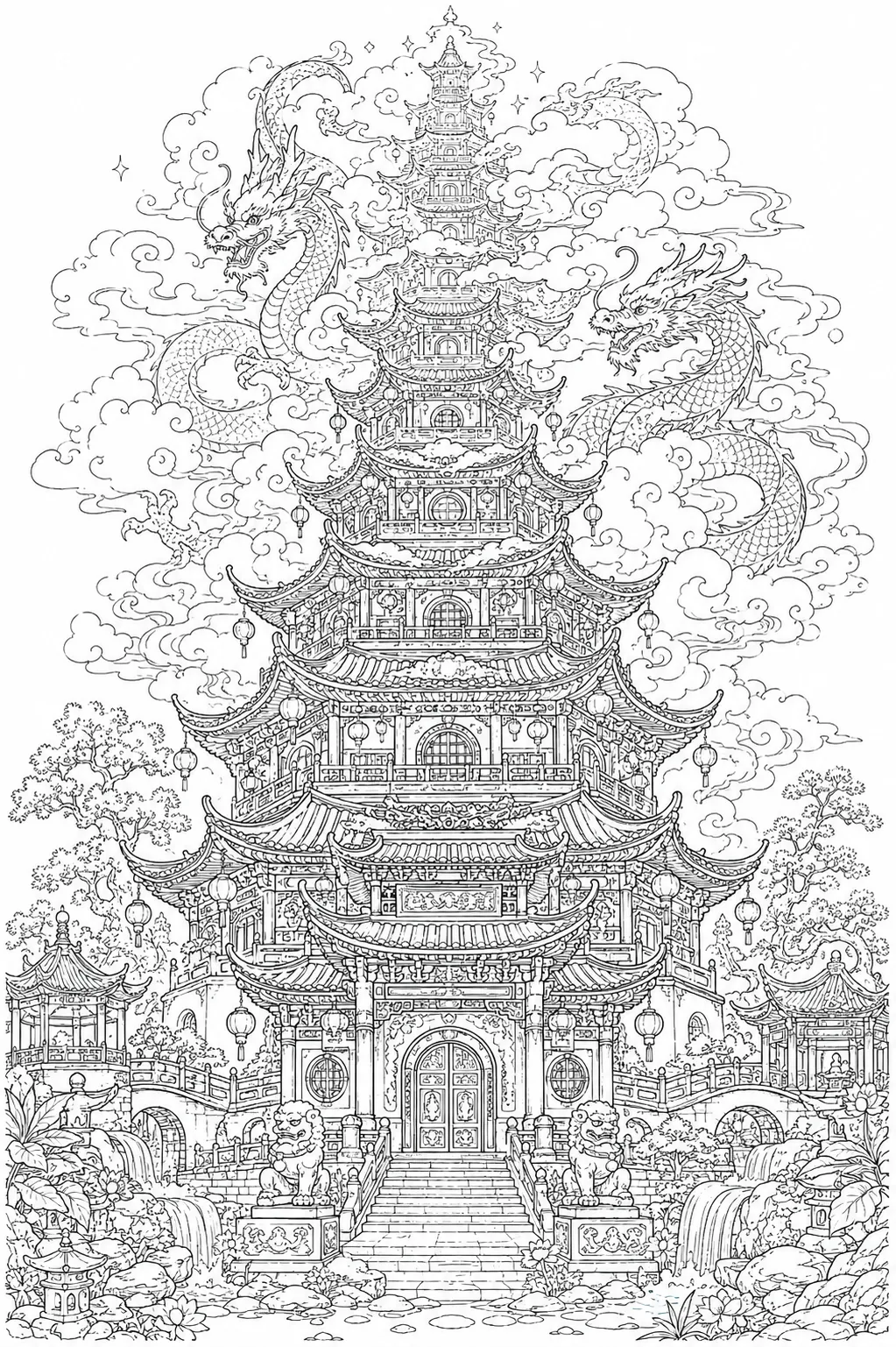 Ausmalvorlage: Mehrstöckige chinesische Pagode mit Drachen die sich in Wolken auflöst